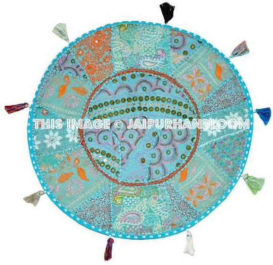 XL 32" Round Blue Floor Pillow Cushion in Turquoise Bohemian Patchwork floor cushion pouf Vintage Indian Foot Stool Bean Bag tapestry decor-Jaipur Handloom