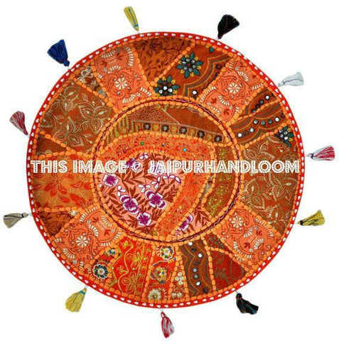 XL 32" Round Bohemian Patchwork floor cushion pouf Floor Pillow Cushion in Orange gypsy Vintage Indian Foot Stool Bean Bag