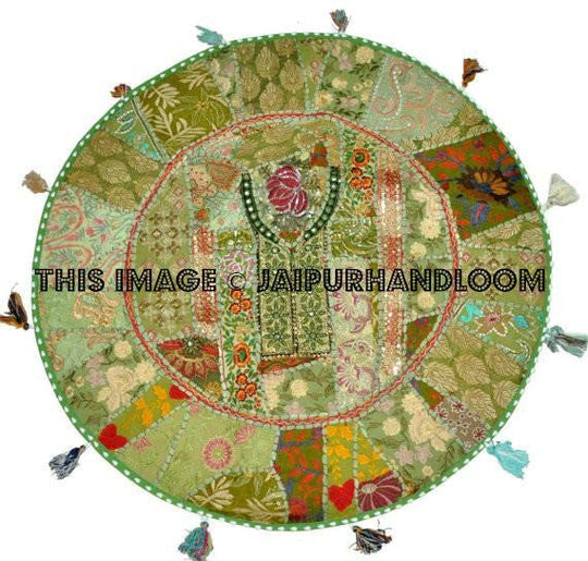 XL 32" Round Floor Pillow Cushion in Green Gypsy round seating Bohemian Patchwork floor cushion pouf Vintage Indian Foot Stool Bean Bag seat-Jaipur Handloom