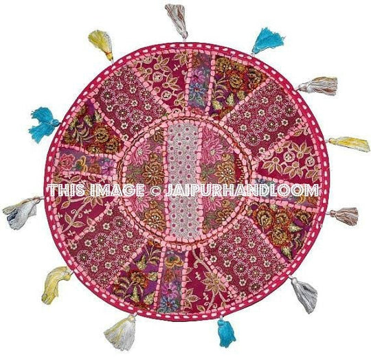 XL 32" Round Floor Pillow floor Cushion in Pink gypsy Bohemian Patchwork floor cushion pouf Vintage Indian Foot Stool Bean Bag-Jaipur Handloom