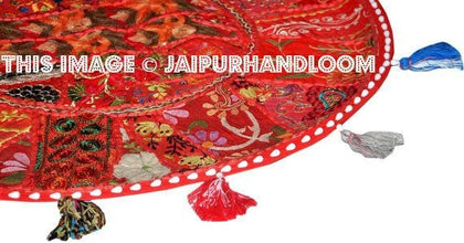 XL 32" Round Red Floor Pillow Cushion in Red gypsy Bohemian Patchwork floor cushion pouf Vintage Indian Foot Stool Bean Bag-Jaipur Handloom