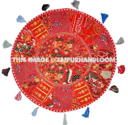 XL 32" Round Red Floor Pillow Cushion in Red gypsy Bohemian Patchwork floor cushion pouf Vintage Indian Foot Stool Bean Bag-Jaipur Handloom