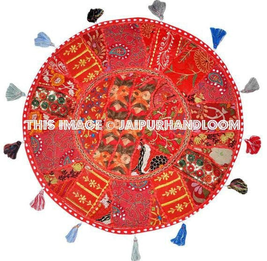 XL 32" Round Red Floor Pillow Cushion in Red gypsy Bohemian Patchwork floor cushion pouf Vintage Indian Foot Stool Bean Bag-Jaipur Handloom