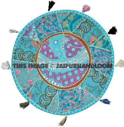 XL 32" Round Turquoise blue Floor Pillow Cushion round seating Bohemian Patchwork floor cushion pouf Vintage Indian Foot Stool Bean Bag seat-Jaipur Handloom