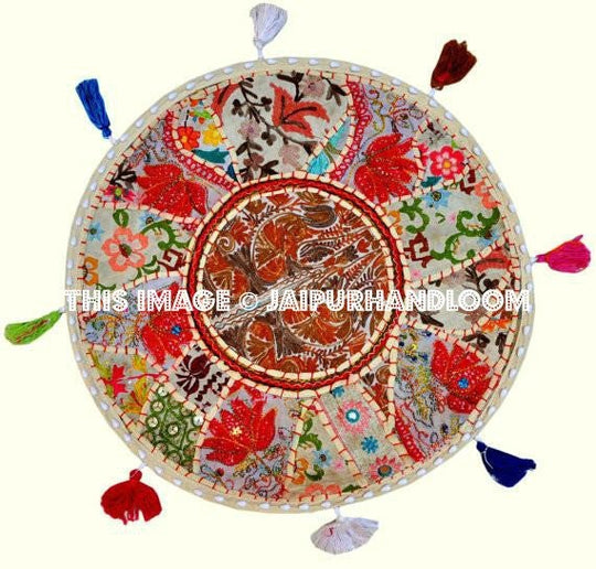 XL 32" Round white Floor Pillow Cushion in off White/Cream Bohemian Patchwork floor cushion pouf Vintage Indian Foot Stool Bean Bag-Jaipur Handloom