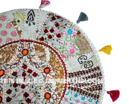 XL 32" Round white Vintage Indian Foot Stool Floor Pillow Cushion round seating Bohemian Patchwork floor cushion pouf Bean Bag-Jaipur Handloom