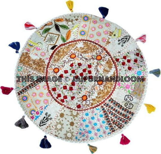 XL 32" Round white Vintage Indian Foot Stool Floor Pillow Cushion round seating Bohemian Patchwork floor cushion pouf Bean Bag-Jaipur Handloom