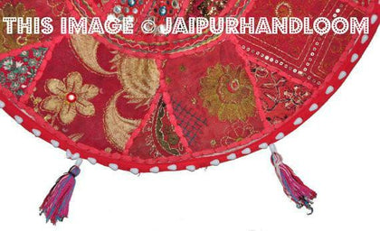XL 32" Vintage Indian Foot Stool Round Red Floor Pillow Cushion round seating Bohemian Patchwork floor cushion pouf  Bean Bag