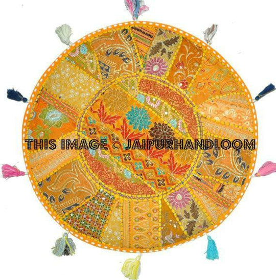 XL 32" Yellow Round Floor Pillow Cushion Yellow round seating Bohemian Patchwork floor cushion pouf Vintage Indian Foot Stool Bean Bag seat-Jaipur Handloom