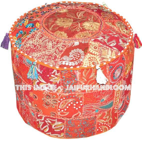 XL Orange Poufs Ottomans Bean bag chair tufted ottoman-Jaipur Handloom