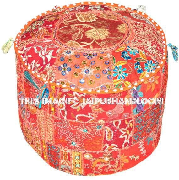 XL Orange Poufs Ottomans Bean bag chair tufted ottoman-Jaipur Handloom