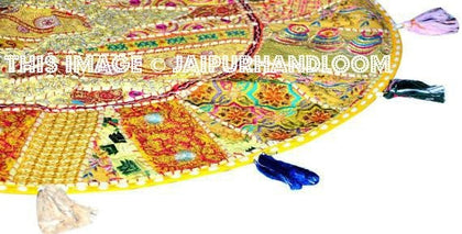 Yellow 17" Patchwork Round Floor Pillow Cushion round embroidered Bohemian Patchwork floor cushion pouf Vintage Indian Foot Stool ottoman-Jaipur Handloom