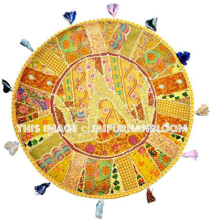 Yellow 17" Patchwork Round Floor Pillow Cushion round embroidered Bohemian Patchwork floor cushion pouf Vintage Indian Foot Stool ottoman-Jaipur Handloom
