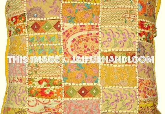 Yellow 24x24" Bohemian embroidered cushions for living room furniture sofa-Jaipur Handloom