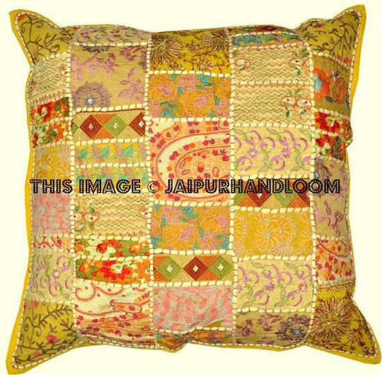 Yellow 24x24" Bohemian embroidered cushions for living room furniture sofa-Jaipur Handloom