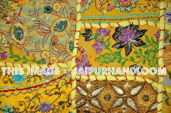 Yellow 24x24 Indian Patchwork Pillow Cover Designer Bohemian Pillows-Jaipur Handloom