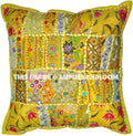 Yellow 24x24 Indian Patchwork Pillow Cover Designer Bohemian Pillows-Jaipur Handloom