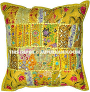 Yellow 24x24 Indian Patchwork Pillow Cover Designer Bohemian Pillows-Jaipur Handloom