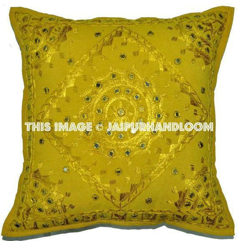 Yellow Boho Throw Pillow Cushions Embroidered Sofa Pillow Outdoor Cushions-Jaipur Handloom