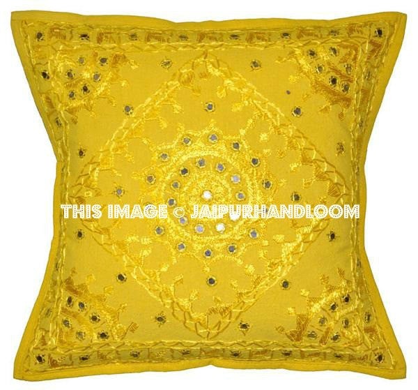 Yellow Decorative Mirror Work Pillow for couch, Throw Pillow, Accent PIllow-Jaipur Handloom
