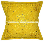 Yellow Decorative Mirror Work Pillow for couch, Throw Pillow, Accent PIllow-Jaipur Handloom