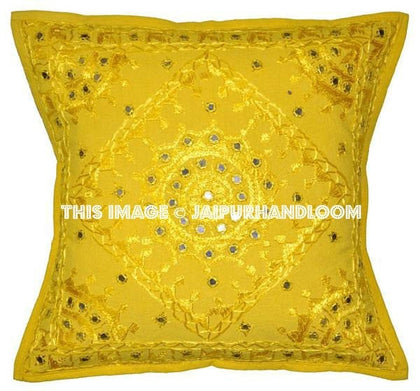 Yellow Decorative Mirror Work Pillow for couch, Throw Pillow, Accent PIllow-Jaipur Handloom