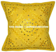 Yellow Decorative Mirror Work Pillow for couch, Throw Pillow, Accent PIllow-Jaipur Handloom