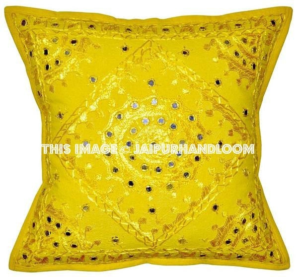 Yellow Decorative Mirror Work Pillow for couch, Throw Pillow, Accent PIllow-Jaipur Handloom