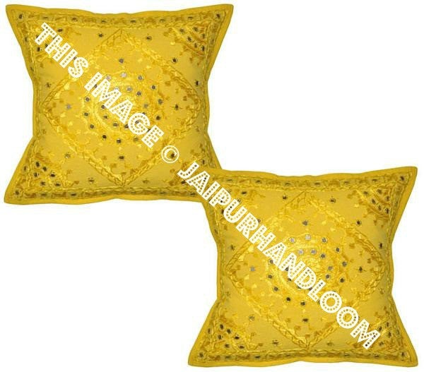Yellow Decorative Mirror Work Pillow for couch, Throw Pillow, Accent PIllow-Jaipur Handloom