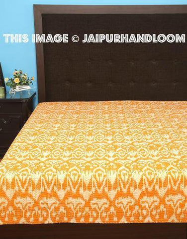 Yellow Ikat Quilt in Queen size, ikat bedcover, queen bedspread, queen coverlet, Ikat Blanket Throw-Jaipur Handloom
