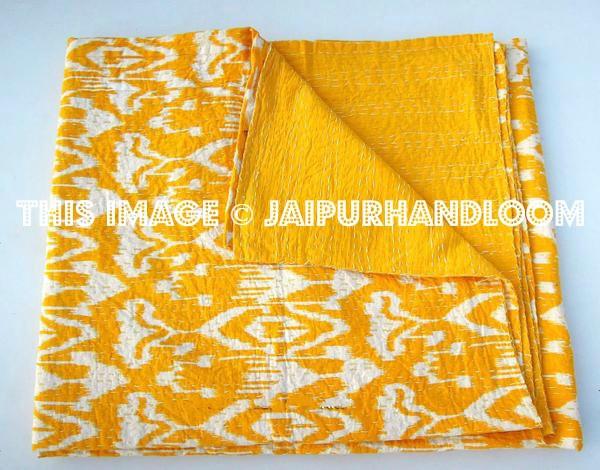 Yellow Ikat kantha Quilt Queen ikat bedspread bed cover-Jaipur Handloom
