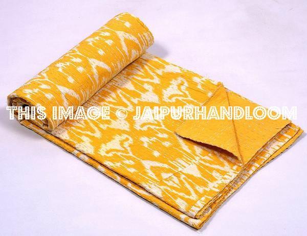 Yellow Ikat kantha Quilt Queen ikat bedspread bed cover-Jaipur Handloom