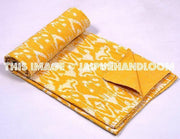 Yellow Ikat kantha Quilt Queen ikat bedspread bed cover-Jaipur Handloom