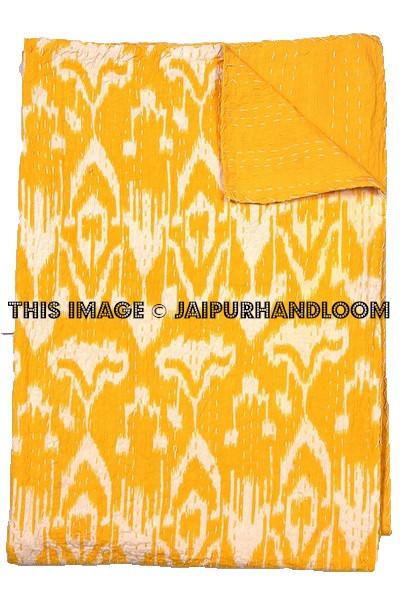 Yellow Ikat kantha Quilt Queen ikat bedspread bed cover-Jaipur Handloom