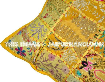 Yellow Tribal Patchwork Pillows for Sofa Indian Embroidered Euro Shams-Jaipur Handloom