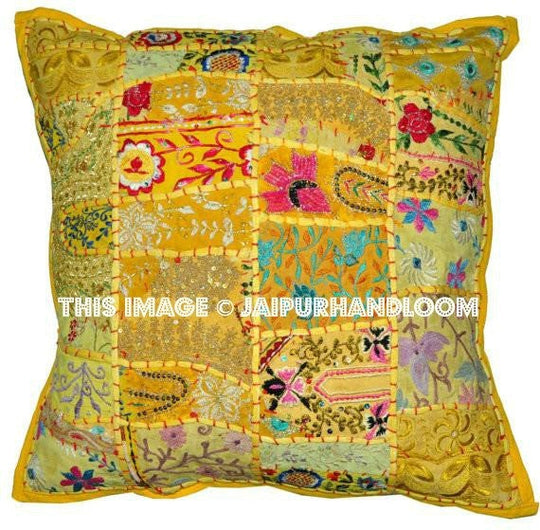 Yellow Tribal Patchwork Pillows for Sofa Indian Embroidered Euro Shams-Jaipur Handloom