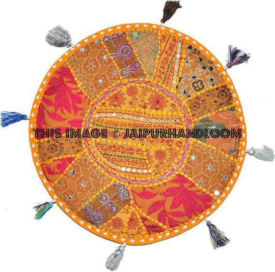 Yellow XL 32" Big Round Floor Pillow Cushion round seating Bohemian Patchwork floor cushion pouf Vintage Indian Foot Stool Bean Bag tapestry-Jaipur Handloom