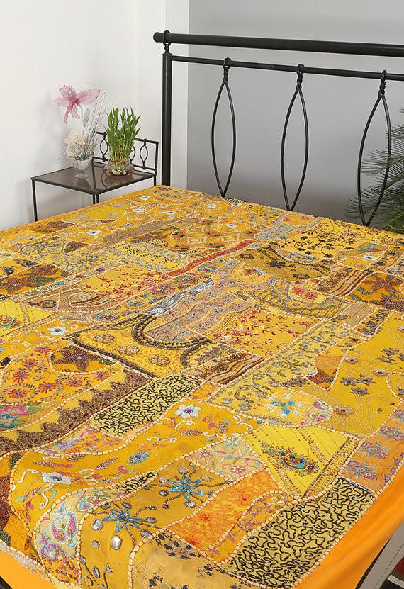 Yellow hand stitched queen bed cover bohemian embroidered bedspread tapestry-Jaipur Handloom