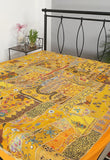 Yellow hand stitched queen bed cover bohemian embroidered bedspread tapestry-Jaipur Handloom