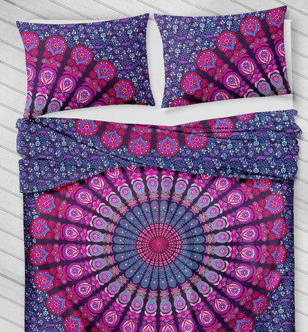 beautiful pink and purple peacock printed hippie bedding set and 2 pillow cases