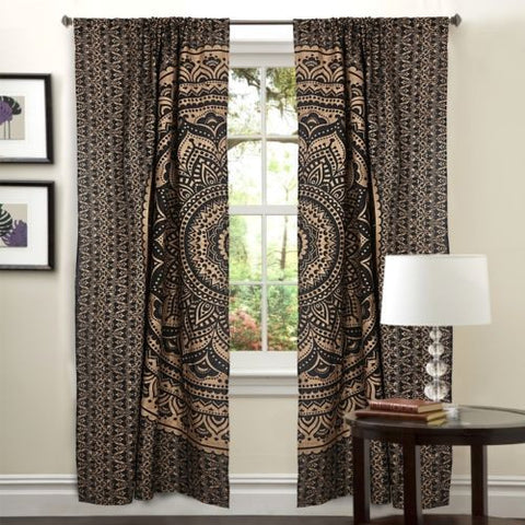 black and golden mandala door curtains indian tapestry window hanging drapes-Jaipur Handloom