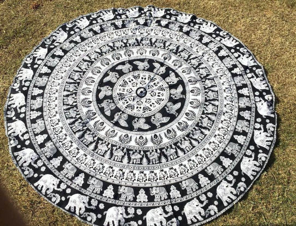 black and white beach towels mandala round table cloths meditation yoga mat-Jaipur Handloom