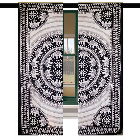 Black and White Elephant Mandala Curtain Set Boho Living Room Door Drapes-Jaipur Handloom