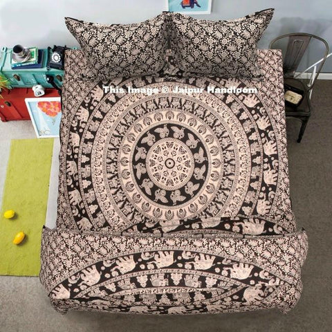 Black and white elephant mandala duvet cover set with sheet and pillows-Jaipur Handloom