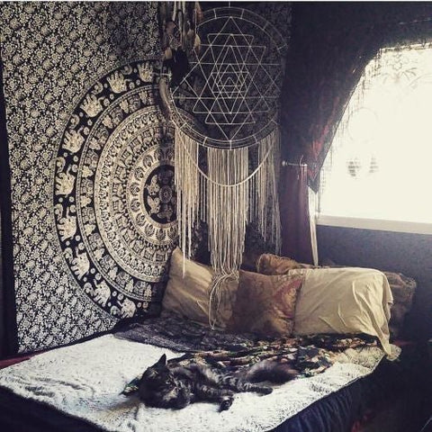 black and white hippie mandala tapestry wall hanging college room wall decor tapestries-Jaipur Handloom