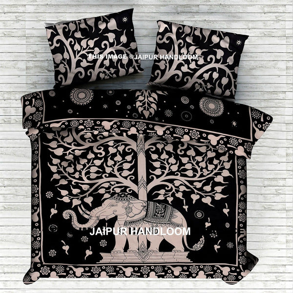 black and white look luck tree of life bedding set with matching pillows-Jaipur Handloom