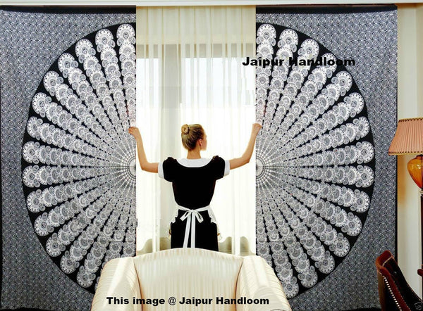 black and white mandala curtains indian tapestry curtains drapery-Jaipur Handloom