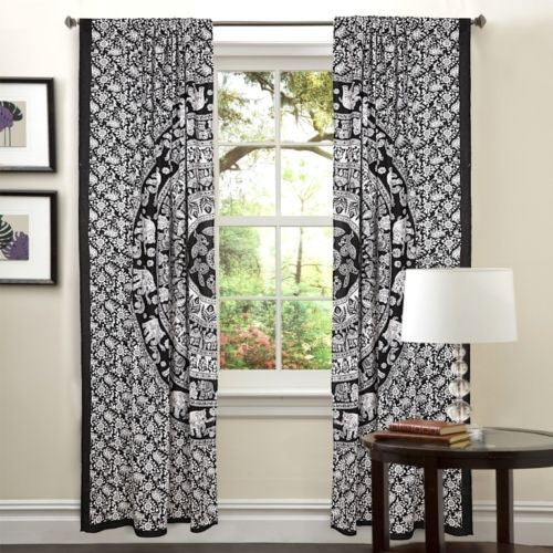 black and white mandala door curtains indian tapestry window drapes-Jaipur Handloom