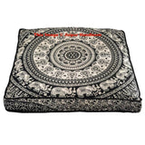 Black and white Mandala Floor Pillow Indian Square Ottoman Pouf Cover-Jaipur Handloom