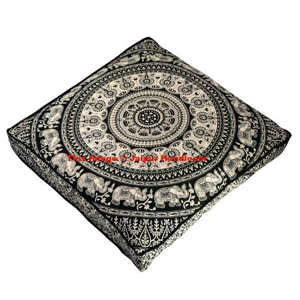 Black and white Mandala Floor Pillow Indian Square Ottoman Pouf Cover-Jaipur Handloom